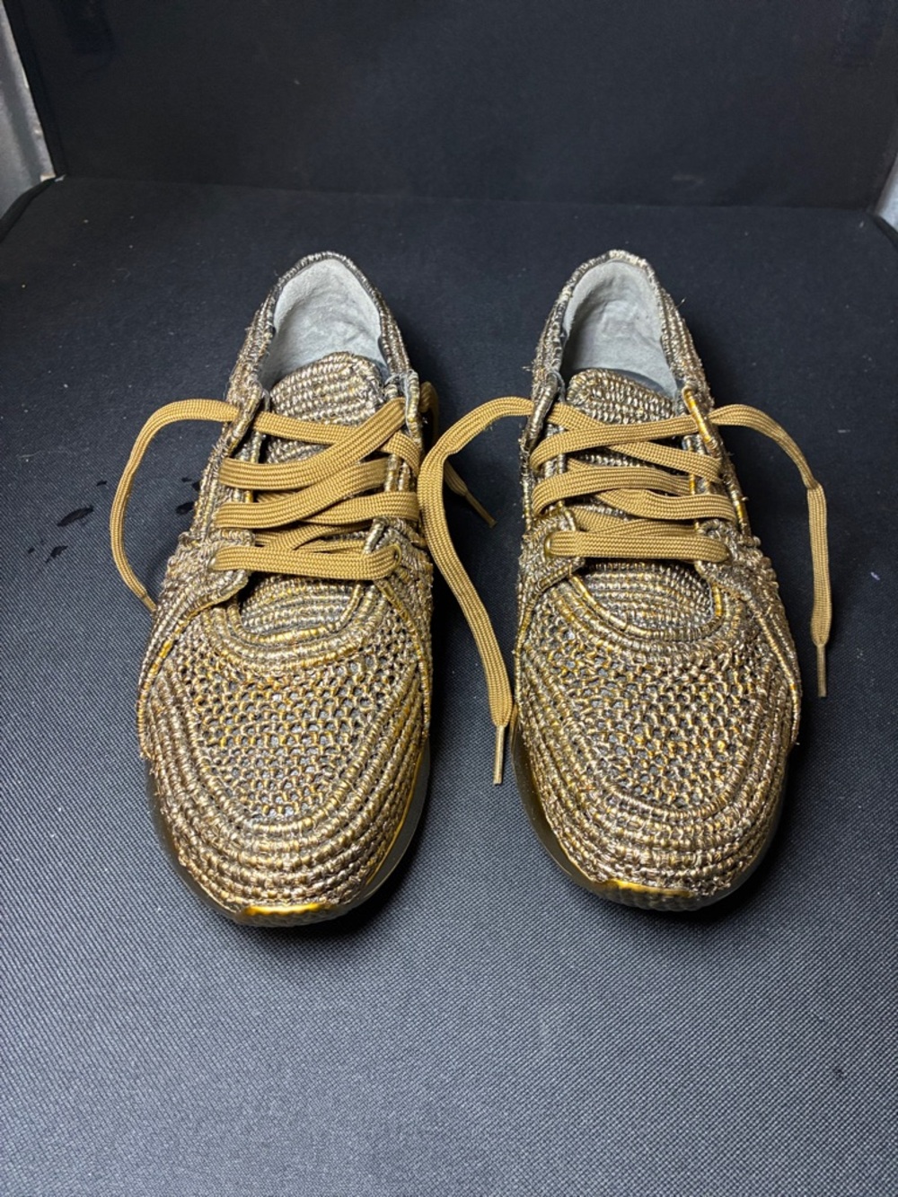 Woven Metallic Gold Women's Sneakers - Fashion Lace-Up Comfort